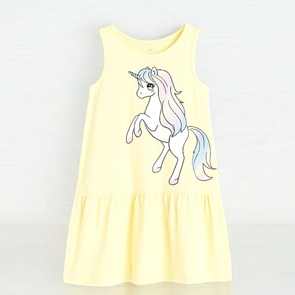 H&M Big Yellow Unicorn Sleeveless dress 100% Cotton Sting free size 2T NWT - Picture 3 of 6